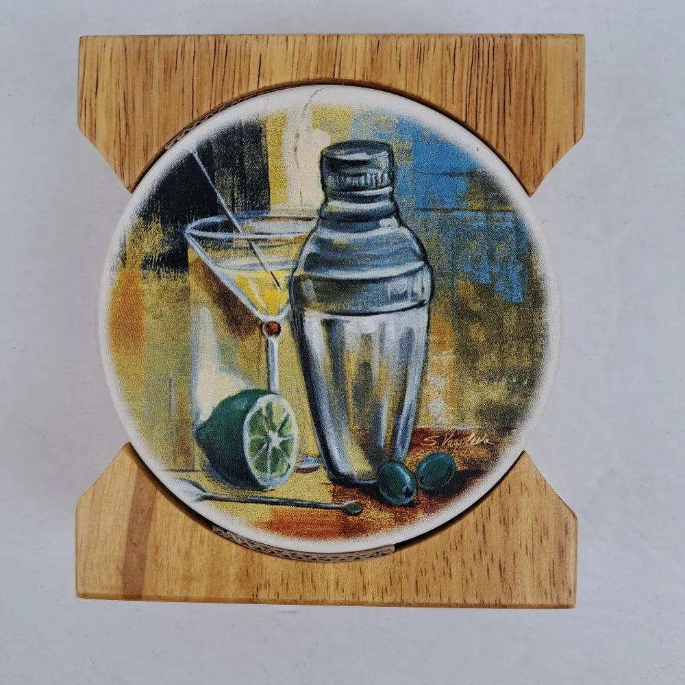 Cypress Absorbent Coasters Happy Hour Martini Design Cork Backing Set Of 4